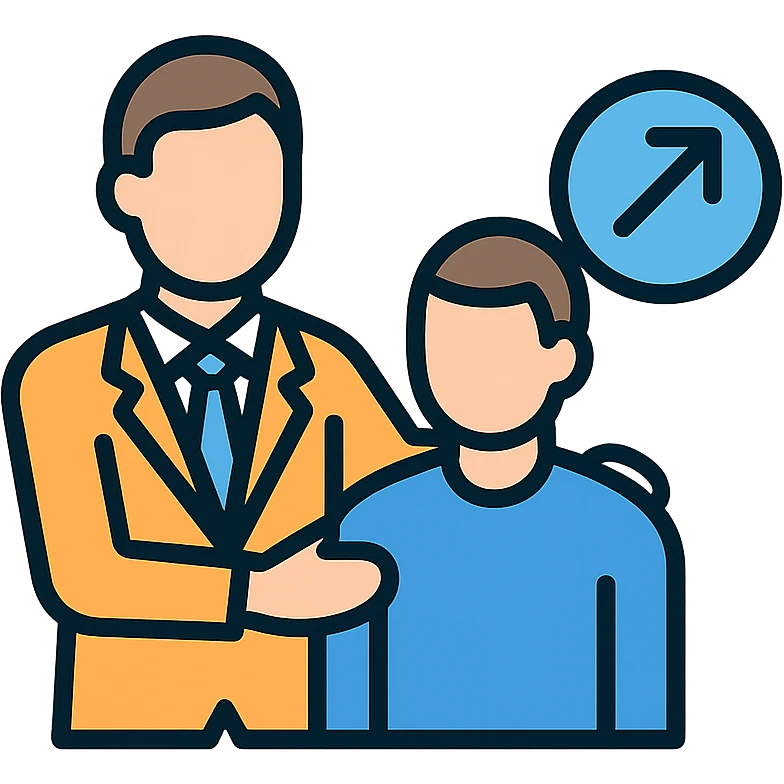 mentorship and retention icon, two people, one guiding the other, supportive gesture, modern, simple, professional, suitable for HR or business context, clean lines emoji