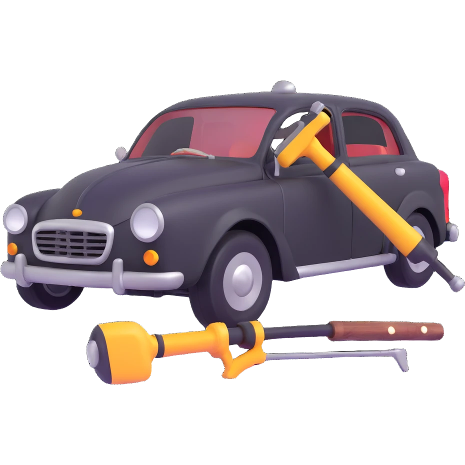 elegant car with a visible dent and dent repair tools like a lever and small hammer for Paintless Dent Repair (PDR) emoji