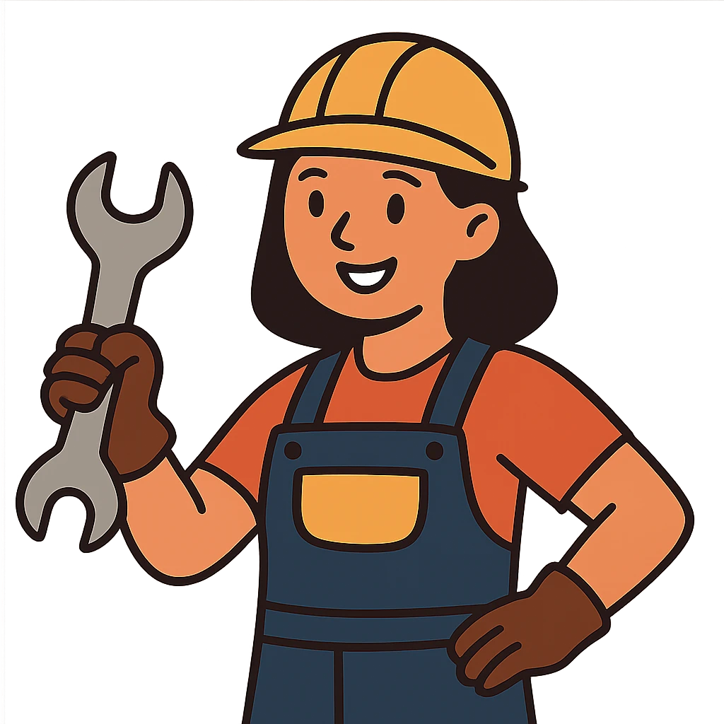 flat toon style woman construction worker smiling, holding a wrench, no background emoji