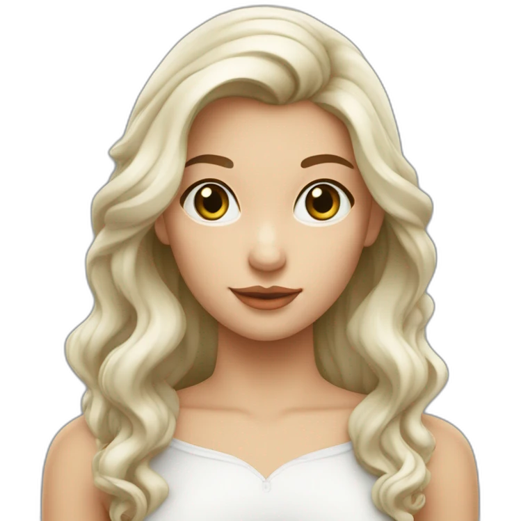 Une fille à la peau blanche avec les yeux verts les cheveux châtains long ondulés et détaché emoji