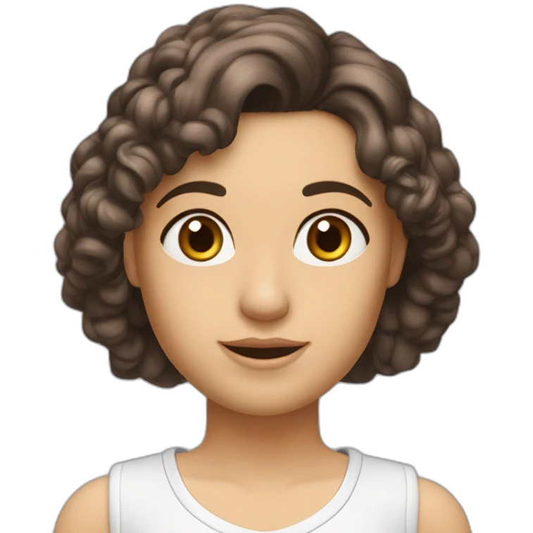 hiperrealista-caucasica-largo-ondulado-cabello-marron-ojos-marrones-sin tirantes-parte superior escotada-minifalda-blanca-apretada-zapatos-negros-grises-completos emoji