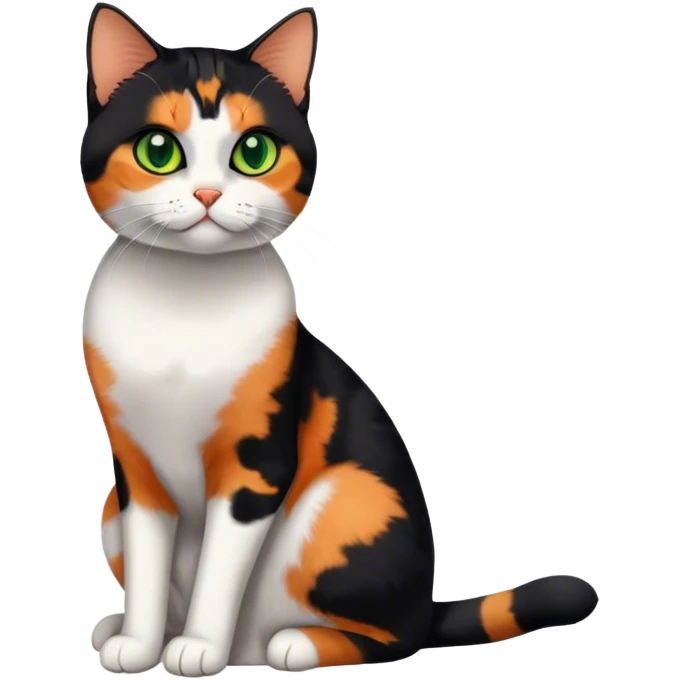 American shorthair calico cat with big green eyes and black fur on the right side of their face and orange on the left side sitting down emoji