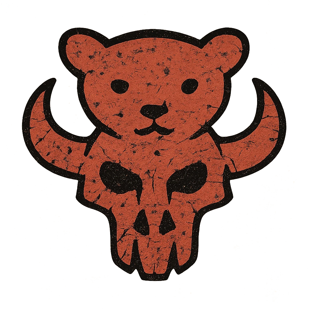 an extremely abstract and heavily worn red icon of merged stoat face and minotaur skull, with extensive scratches, eroded edges, and deliberate damage, very sparse details with most lines broken and incomplete, heavily weathered texture like ancient damaged parchment, full of scrapes and worn spots emoji