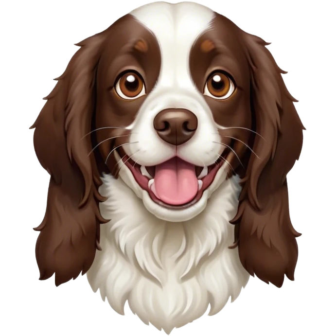 Cinematic Comical Springer Spaniel Portrait Emoji, Head tilted dramatically with an exaggeratedly amused expression, featuring a striking liver and white Fur with dynamic patterns, wide, expressive brown eyes filled with playful disbelief, Simplified yet hilariously expressive features, highly detailed, glowing with a slightly sassy glow, high shine, dramatic yet playful, stylized with an air of cheeky mischief, bright and endearing, soft glowing outline, capturing the essence of a spirited and over-the-top companion, so meme-worthy it feels like it could side-eye its way into internet fame instantly! emoji