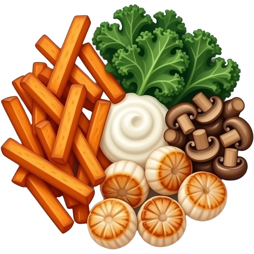 Realistic plate of sweet potato fries, kale, scallops, mushrooms and sour cream emoji