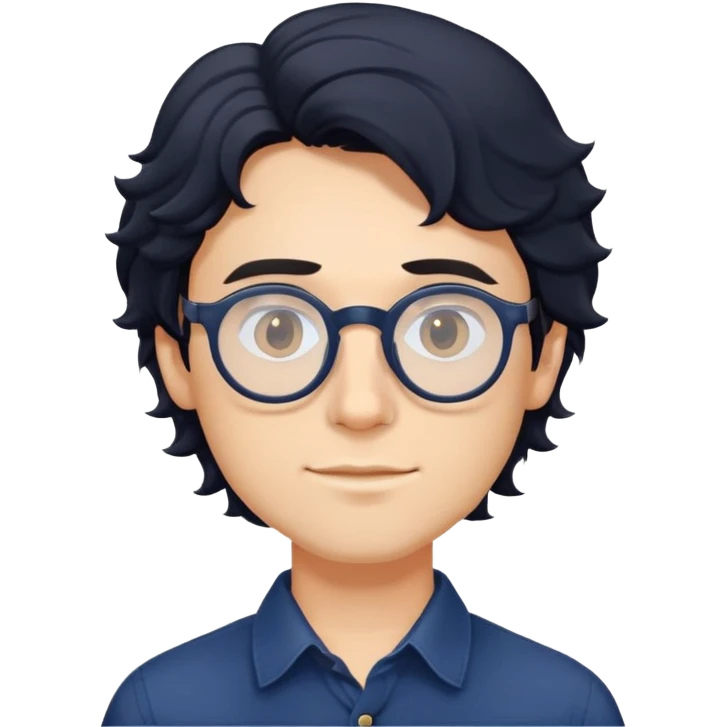 Upper body only of young caucasian man with longer wavy black hair, round glasses, wearing comfortable dark blue buttoned shirt emoji