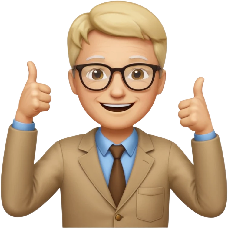 un PROFESOR que este parado con sus lentes guiñando el ojo y CON LAS MANOS HACIA ARRIBA DANDO LIKE emoji