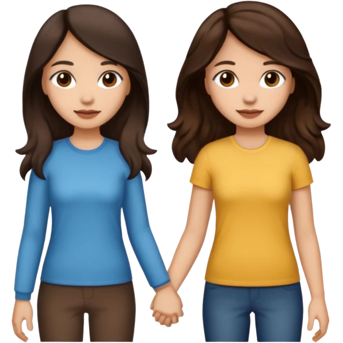 Longer wavy hair for one and straight for the other both dark brown hair. Light skin tone holding hands. Both woman emoji