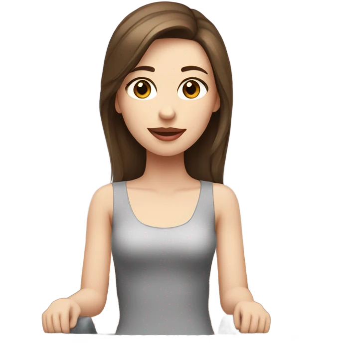 Pretty girl with brown hair, brown eyes, pale skin and pink lips  is sitting on a desk with a computer emoji