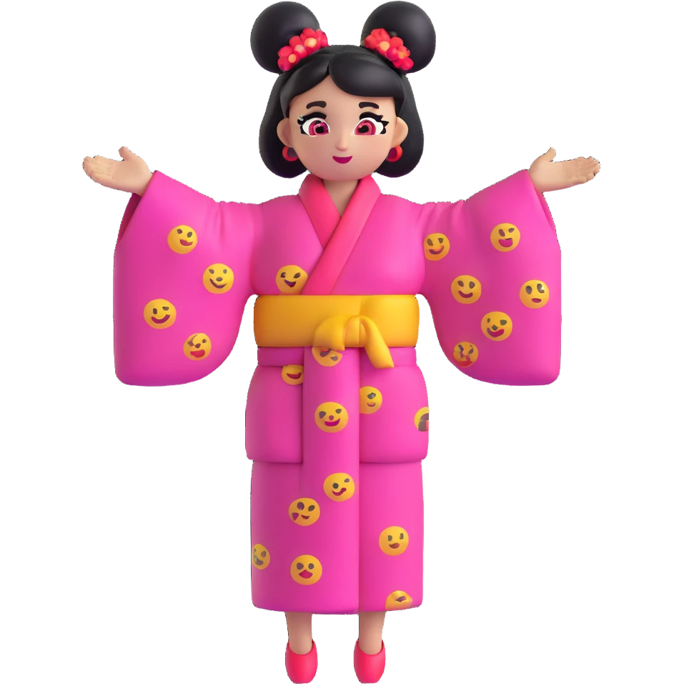 fun emoji character, two large black space buns, vibrant kimono-inspired dress in pink red and black, exaggerated sleeves, bright makeup, wide-eyed sassy expression, energetic pose emoji