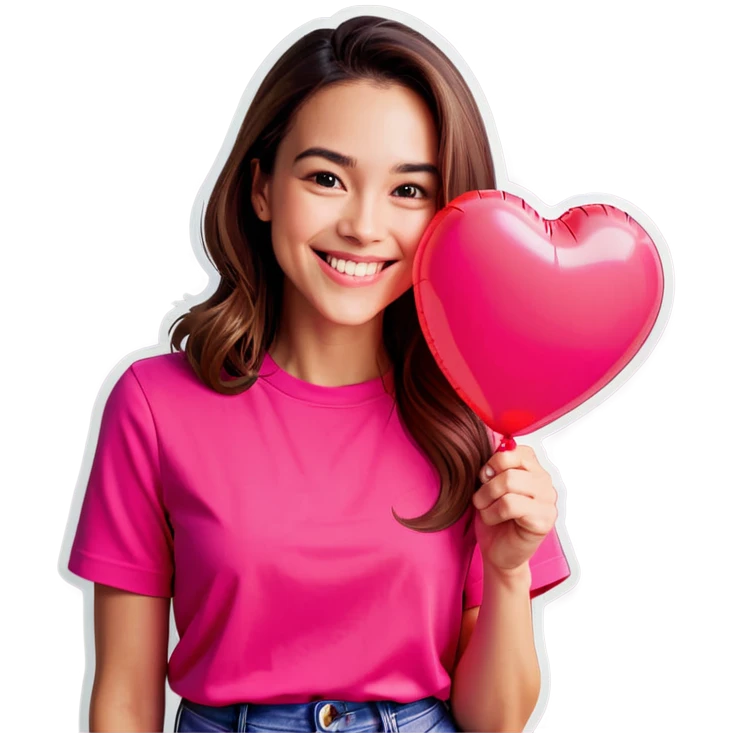 a woman smiling wearing pink shirt holding a heart shaped balloon emoji