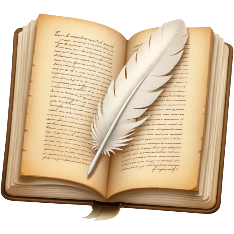 Create a poetic and elegant emoji representing poetry. The design should feature several vintage, gracefully flying pages with short, poetic columns written on them. A white feather quill should be depicted writing on one of the pages, with ink flowing smoothly. The pages should have a soft, antique look, with subtle details to convey the delicate nature of poetry. Use soft, light colors with a romantic, airy feel. Make the background transparent. emoji
