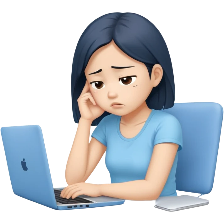 Create an emoji of a tired girl of Asian descent in a baby blue top, sitting at a laptop, looking exhausted and frustrated. They have slouched posture, representing overwork and burnout. emoji