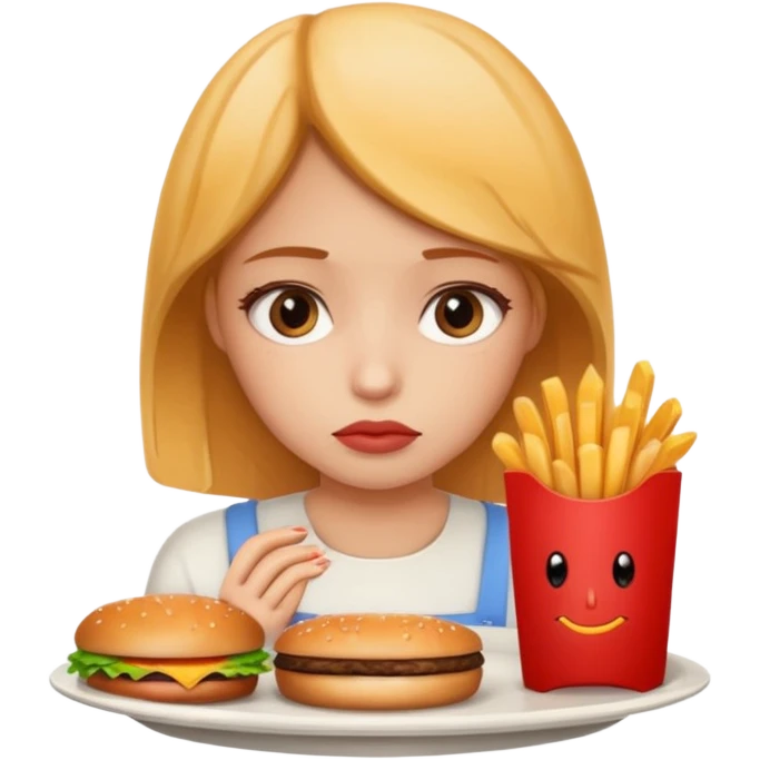 The girl looks sadly at the food emoji