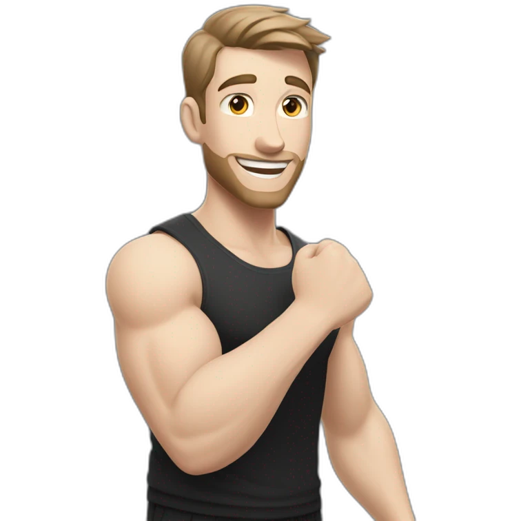 Joyful Celebrating victory Pale skinned Fit Man With the biceps and dark brown hair in black shirt, gray sports shorts and white Sneakers emoji