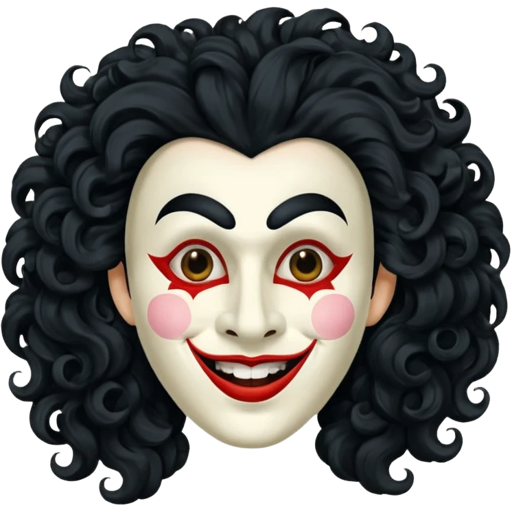 generate theatre mask emoji with a big curly black hair 

wide black smile, long and pointy white nose emoji