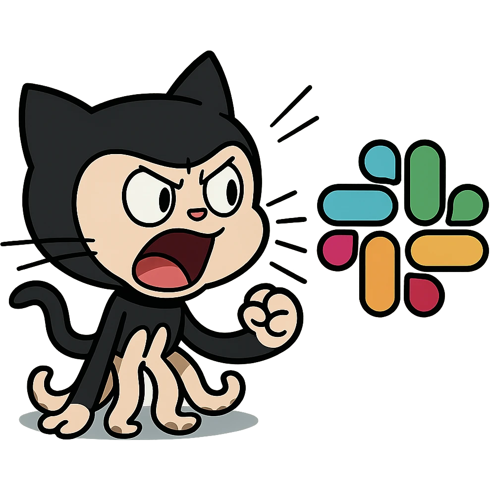 A fun scene of Github's Octocat shouting at the Slack logo, exaggerated expression, tech mascot crossover, playful and expressive, fun tech sticker, cartoon style, energetic, humorous, dynamic and lively emoji