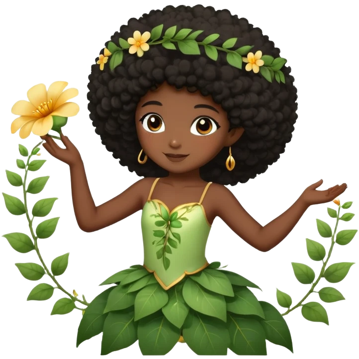 Dreamy nature fairy with brown eyes Afro black hair dark skin touching a flower vine dancing emoji