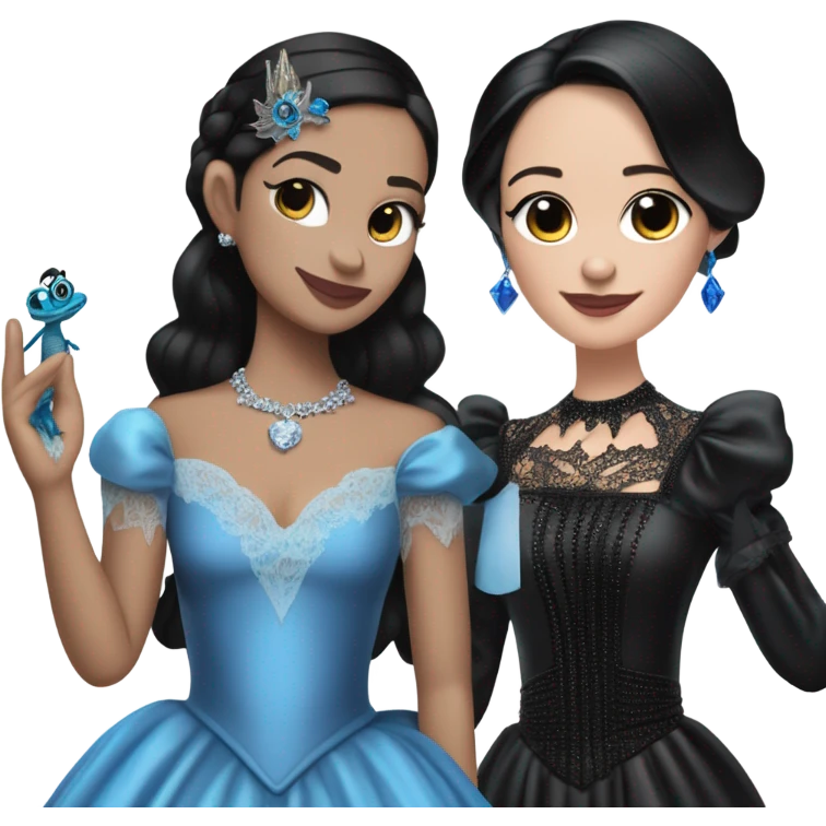relaxed low-cut back silky black evening ball gown with lace gloves, Jenna Ortega as Wednesday Addams wearing a mini diamond tiara showing off a cute blue horned dragon hand puppet emoji