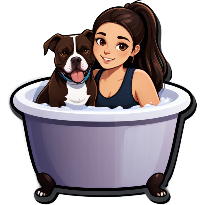 Beautiful young girl just slightly overweight with long dark choppy hair cascading over her shoulders holding her black iPhone with her medium brown dog with an under bath. It looks like a pitbull laying beside her. emoji