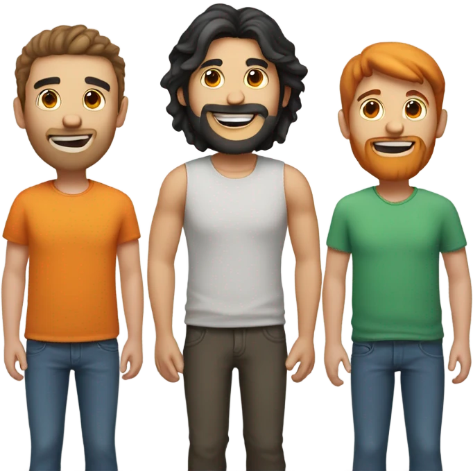 Happy guy with two friends. One with a beard and black long hair. One with short orange hair. One with medium brown hair  emoji