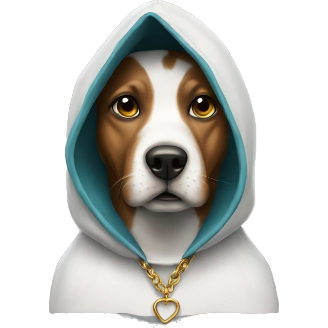 Dog with a hood on and a necklace emoji
