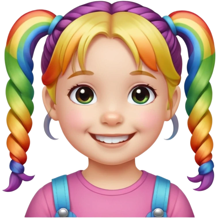 Toddler girl with smiling, with two pigtails and a hairpin with a rainbow on it  emoji