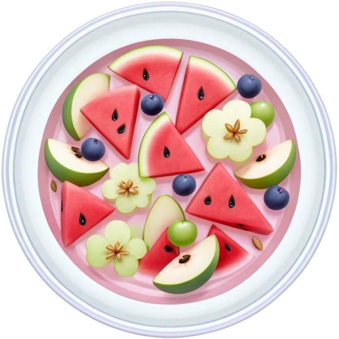 A clear glass bowl filled with light pink sweet liquid, floating slices of watermelon, pear, apple, grapes, pine nuts, and pastel flower petals on top, viewed from above emoji