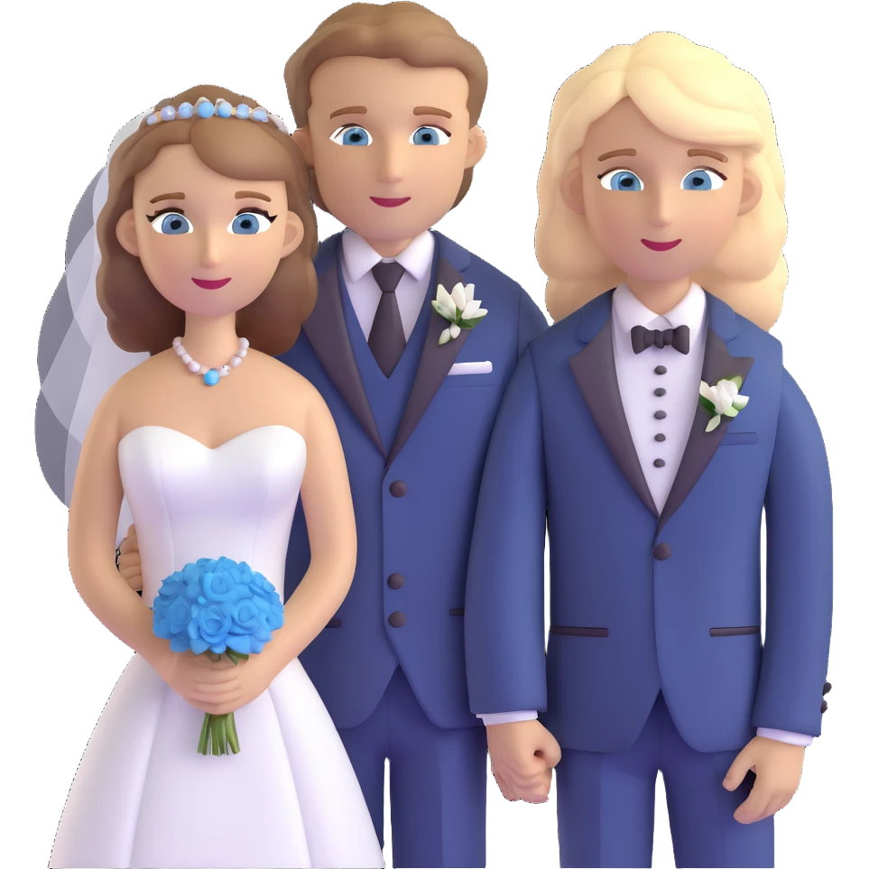 portrait of a bride with light brown hair and grey-blue eyes, and a groom with blonde hair, blue eyes, wearing a brown suit emoji