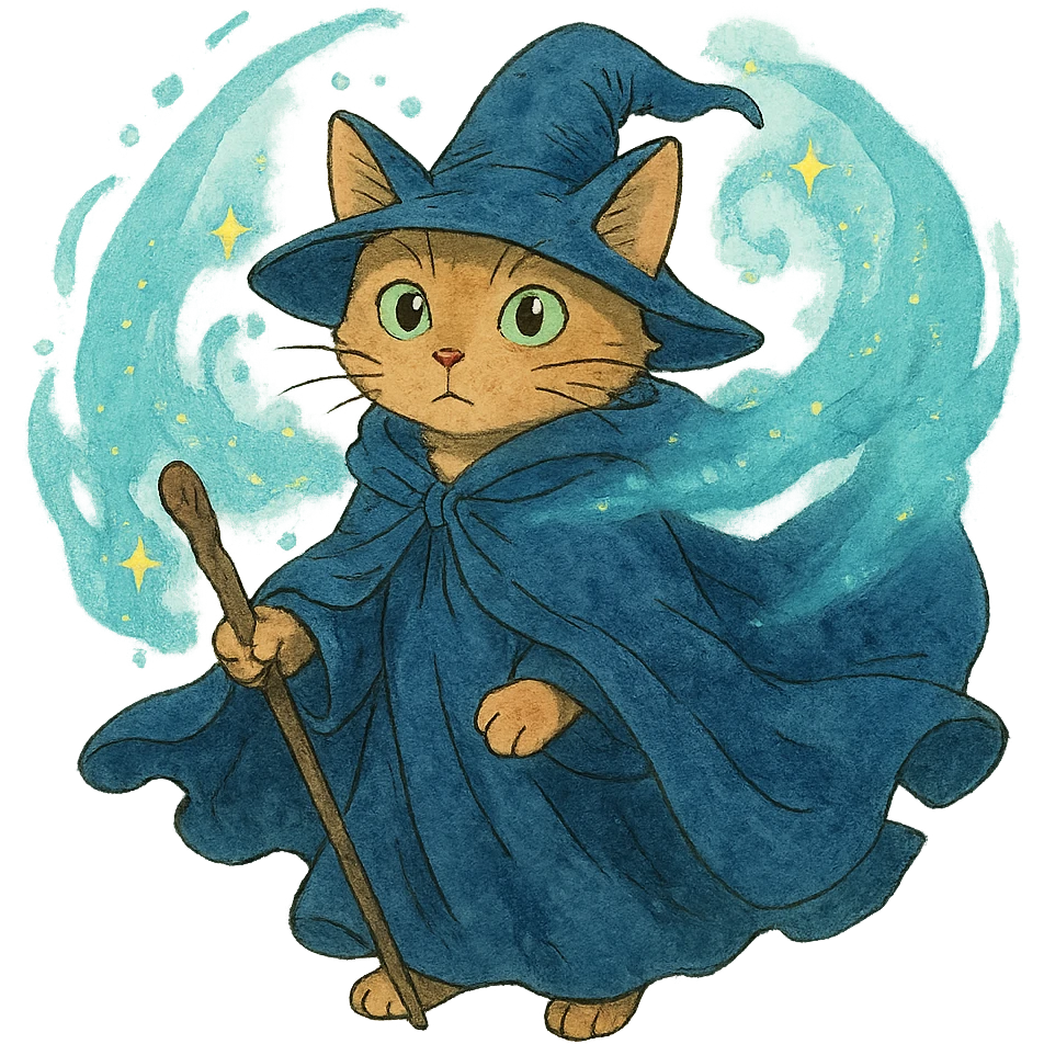 ghibli style wizard cat with a flowing cloak and magical aura emoji
