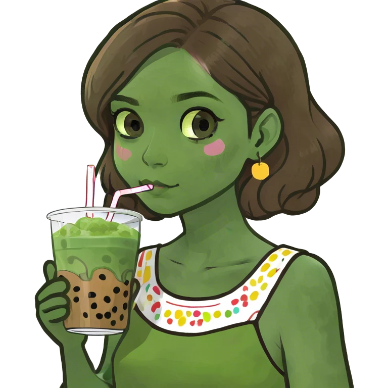 Girl with brown hair brown eyes, white skin drinking boba emoji