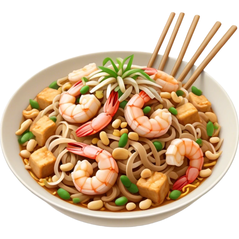 Cinematic Realistic Pad Thai Dish Emoji, depicted as stir-fried rice noodles with shrimp, tofu, peanuts, and bean sprouts rendered with vibrant textures and dynamic, appetizing lighting. emoji
