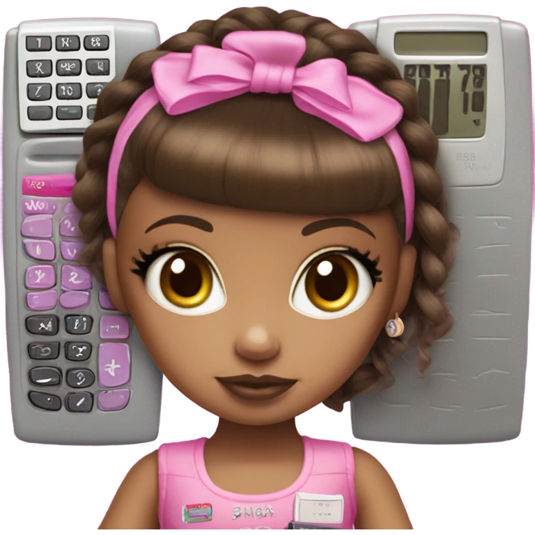 Hyper realistic bratz doll brunette with pink calculator emoji