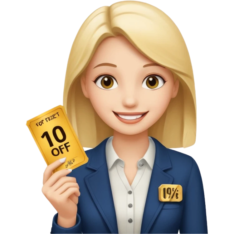 make a elegant girl with a ticket in her hand that says 10 precent off, emoji