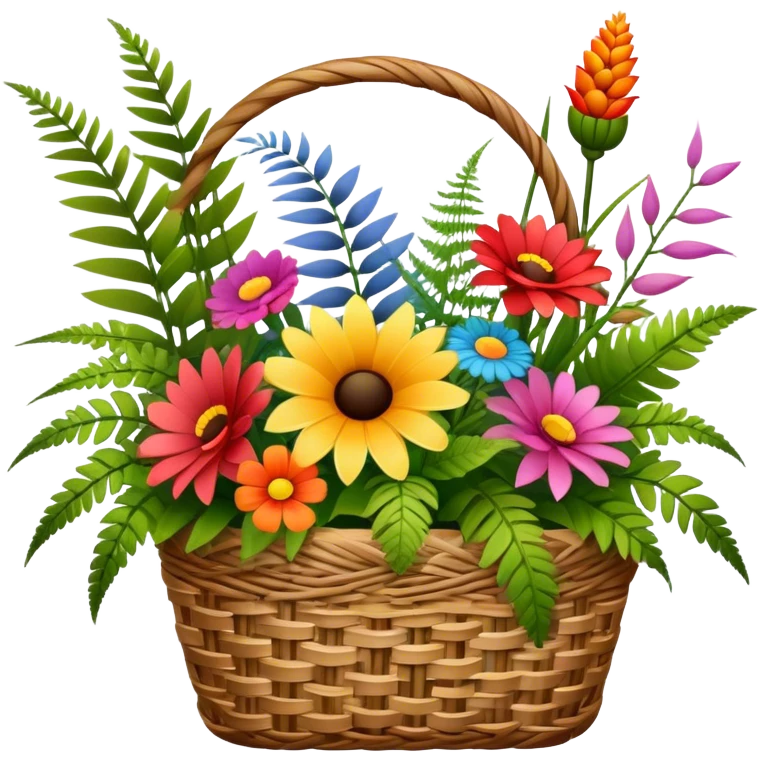 Icon for Floristry: a bouquet of flowers in a woven basket, with reeds, ferns and floral arranging tools nearby like scissors and a flower stem. The icon should represent creativity in flower design and arranging. Transparent background. emoji