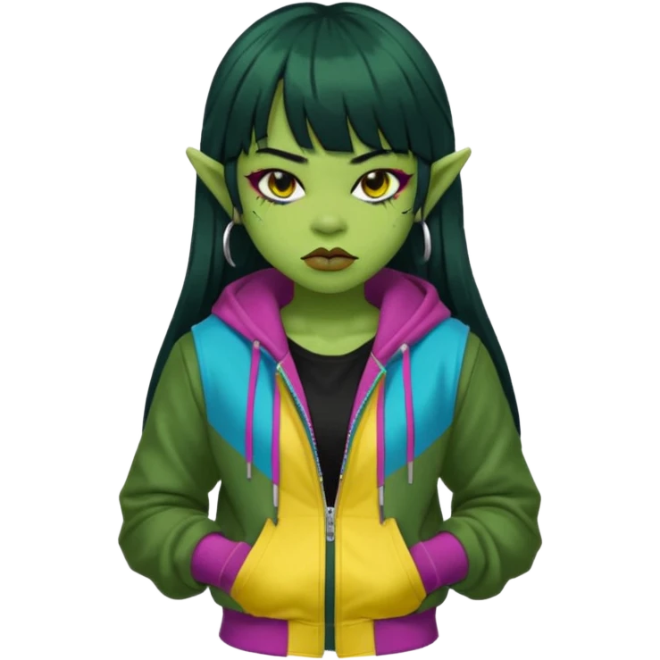  portrait-of-a-orc-k-pop-idol,-wearing-a-stylish-streetwear-outfit-with-layered-colorful-clothing,-long-hair-with-bangs,-makeup,- emoji
