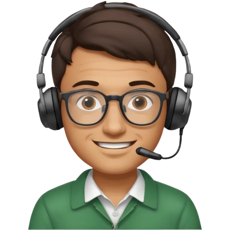 intelligent young Italian man, doing data analysis, wearing glasses, small headphones, smiling emoji