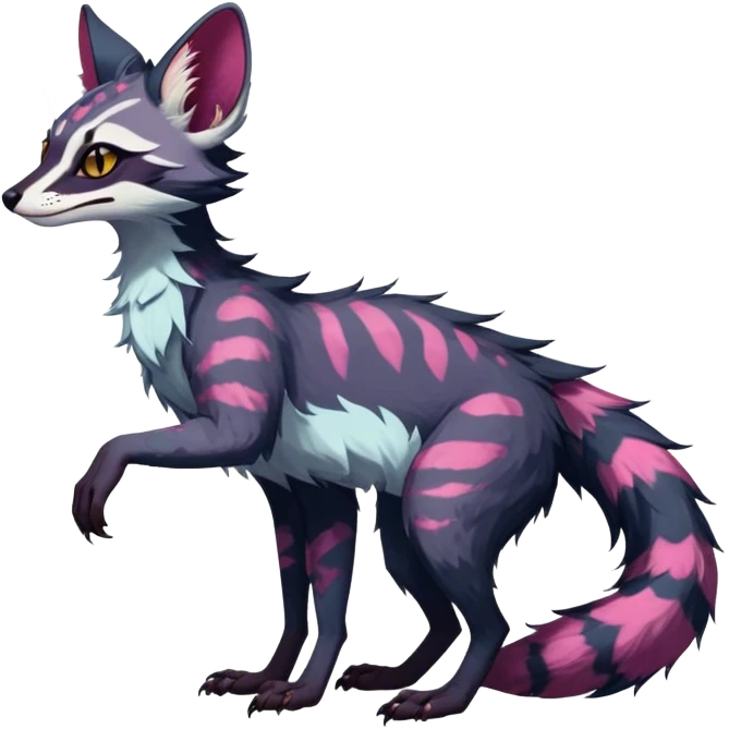 Feral Rare Fantasy dark vibrant Vernid-Sergal-Genet-Trico-species by LiLaiRa, random markings, tufted tail, tufted ears, full body emoji