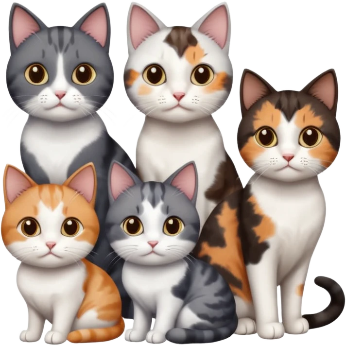 5 different coloured short haired cats including; a dark brown and white cat, and a dark grey and white, and a calico emoji
