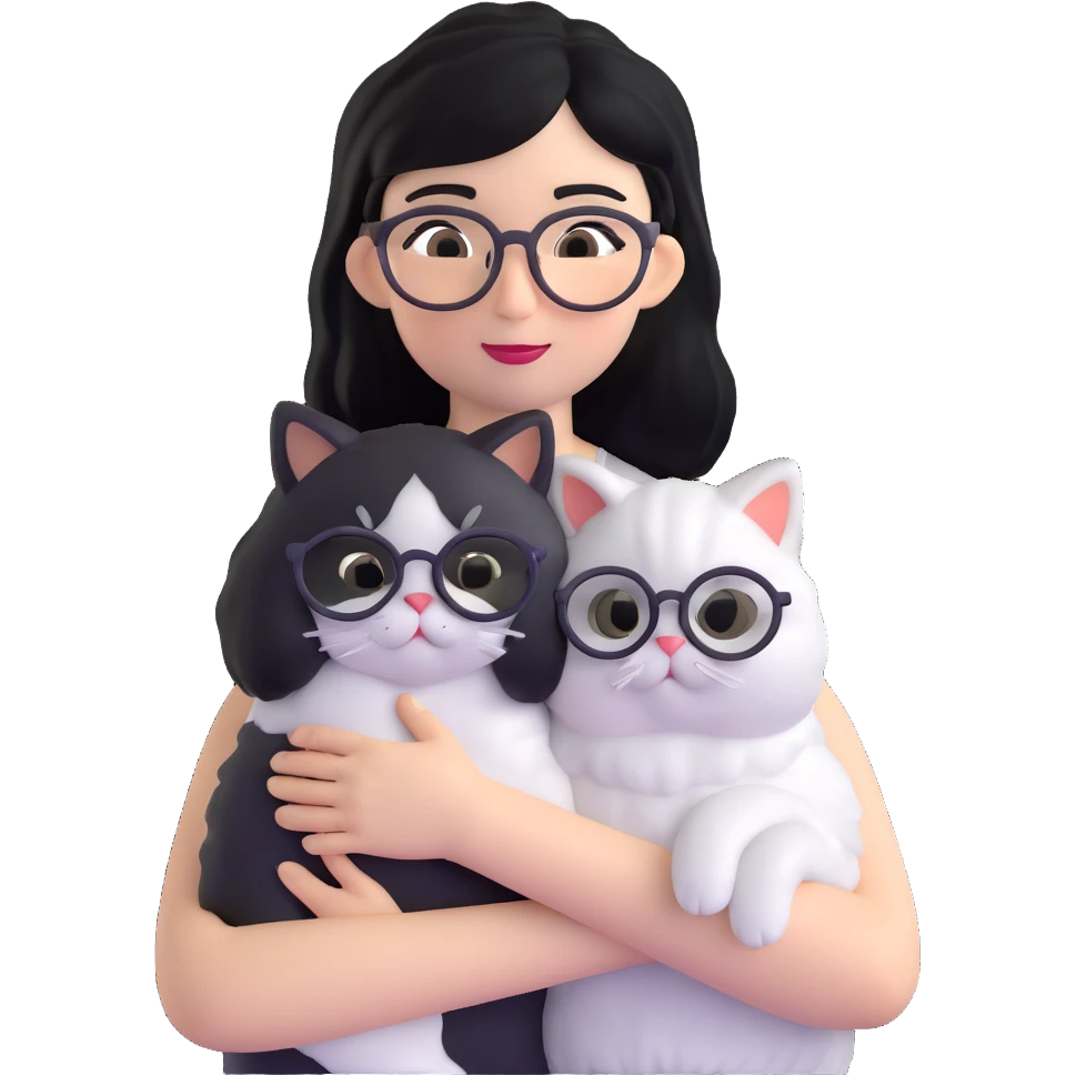 Skinny woman with oval glasses, shoulder length straight black hair, wearing white sleeveless top, hugging a Persian-Angora cat that's gray and white like Oreo cookies, plain background emoji