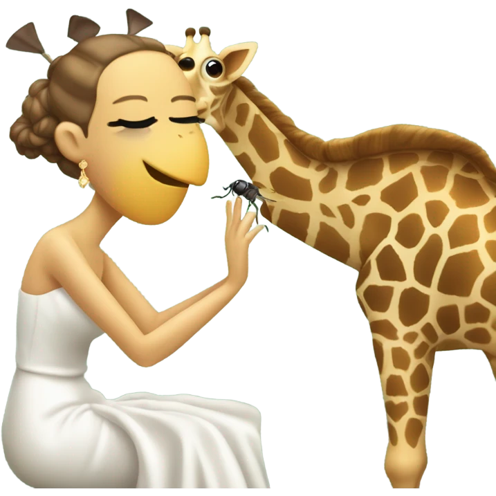 A giraffe kneeling down on one knee, proposing with a wedding ring to his girlfriend who is a fly emoji