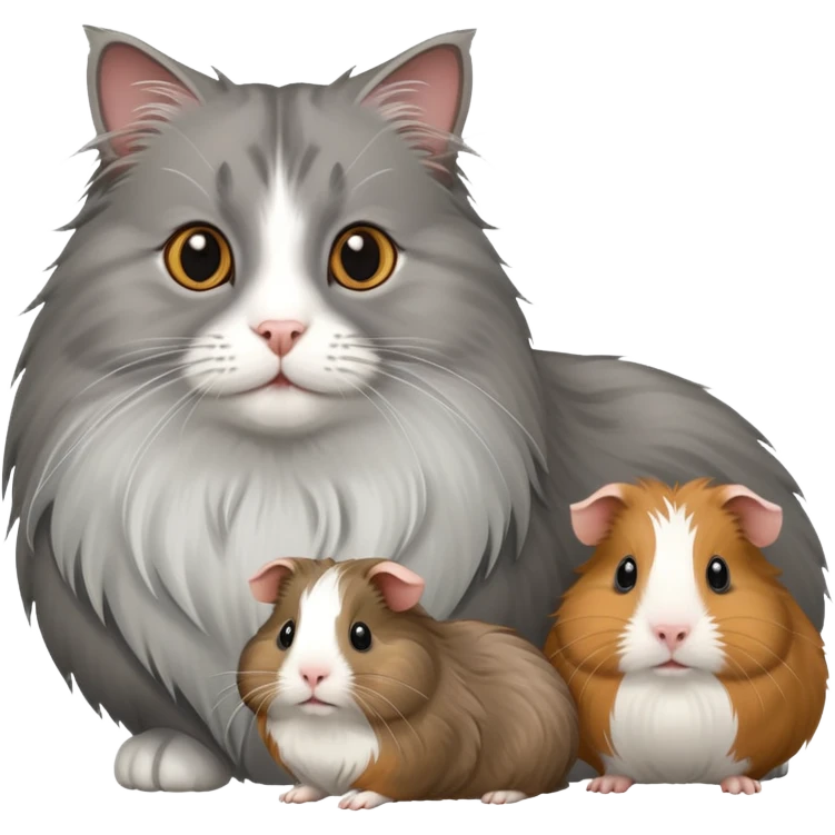 grey long haired cat with two guinea pigs emoji