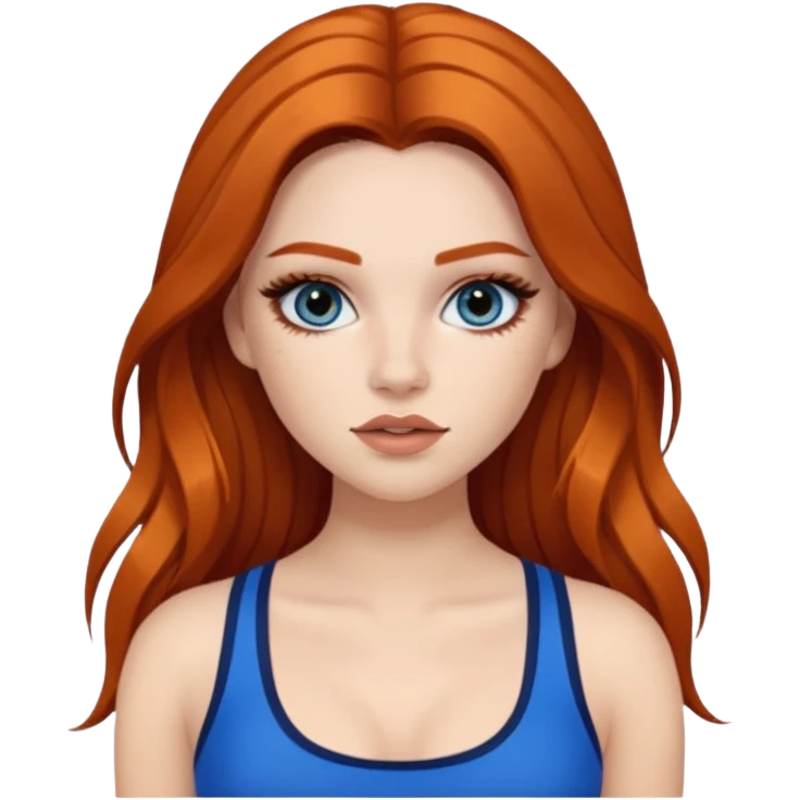 Pale girl with long black/brown hair with ginger streaks,wearing fake lashes,latina baddie makeup and a blue crop top emoji