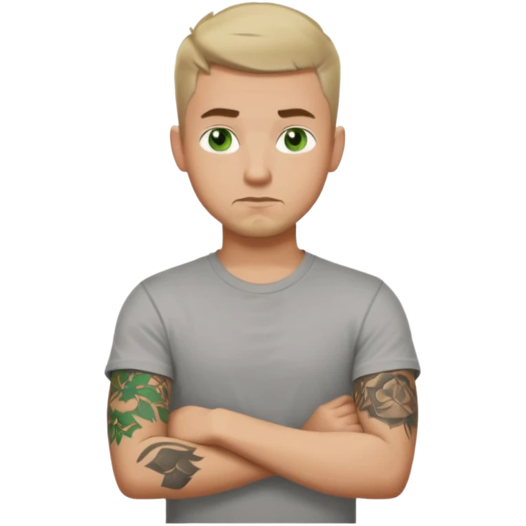 White young man with short dark taper fade hair cut and slight goatee and neutral expression with his arms folded. Green eyes and arm tattoos emoji