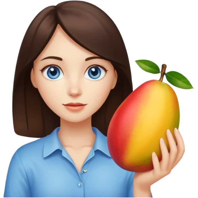 A brunette girl with blue eyes holding a mango emoji
