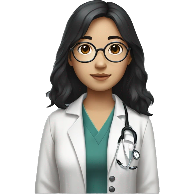 Asian girl, with white skin tone, black hair, wearing silver round harry potter glasses and a white scrub and a stethoscope  emoji