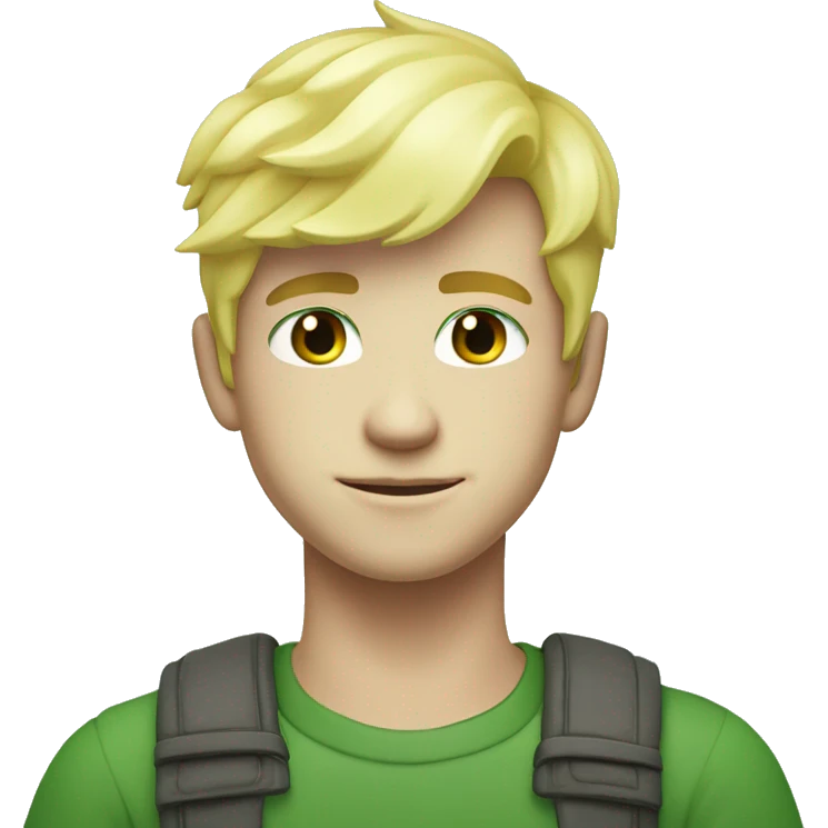 An attractive young man with light yellow hair, bright light grass green eyes, Milky white skin, half body emoji