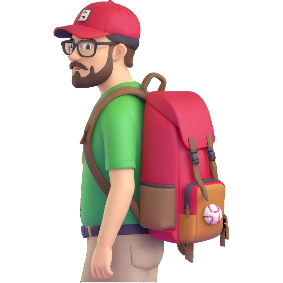 adventurer with goatee beard (no beard on cheeks), short hair, glasses, backwards baseball cap and backpack emoji