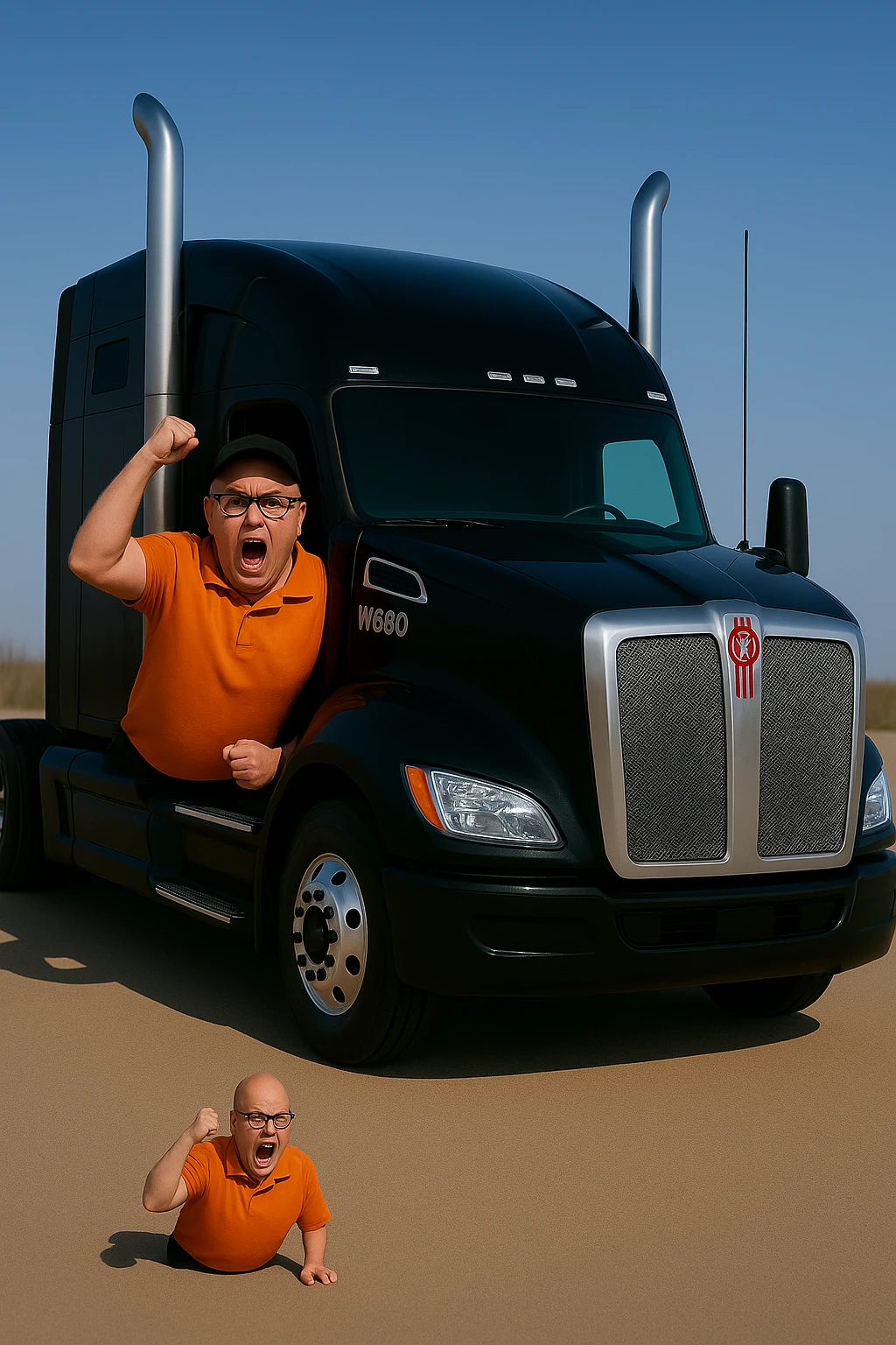 Make the angry bald man in the orange shirt, glasses, and baseball cap smaller in proportion to the 2026 Kenworth W680 black sleeper semi truck. Keep him mostly inside the cab and hanging out of the driver's side window. Maintain a bright and vivid scene with clear details and vibrant colors. emoji