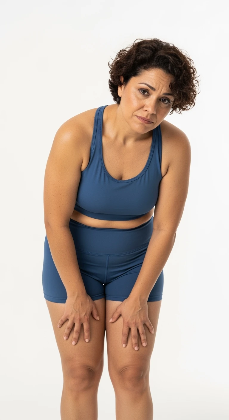 donna con cellulite in gym short leggermente piegata in avanti, con espressione dispiaciuta in volto isolata su sfondo bianco emoji